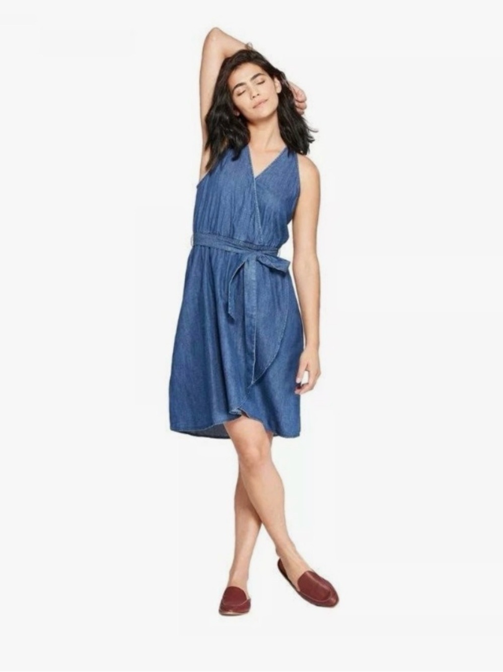 Universal Thread Cotton Denim Sleeveless Wrap Dress with Tie Waist